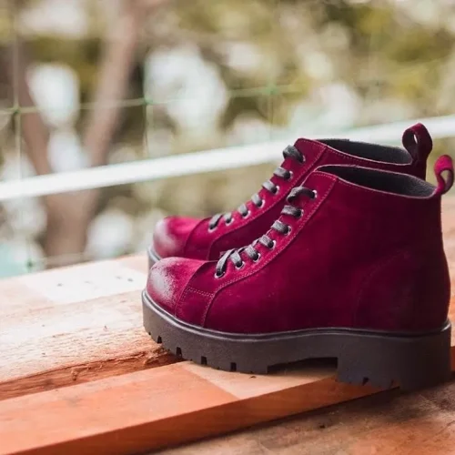 Women’s Burgundy Suede Lace-up Chunky Boots