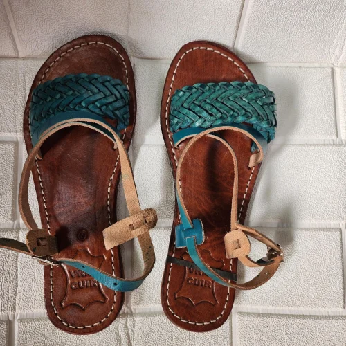 Women’s Turquoise Braided Moroccan Leather Slides