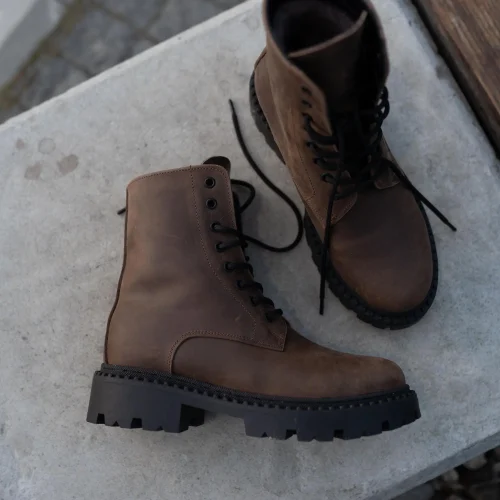 Handmade Brown Leather Boots Vintage Lace Up Fur